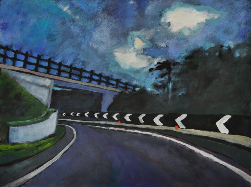 Out Of The Night. Autobahn Imperia–Mailand, 2012, Tempera auf Papier, 23 x 30,5 cm, Malerei aus der Serie «Out Of The Night. Autobahn Imperia–Mailand»