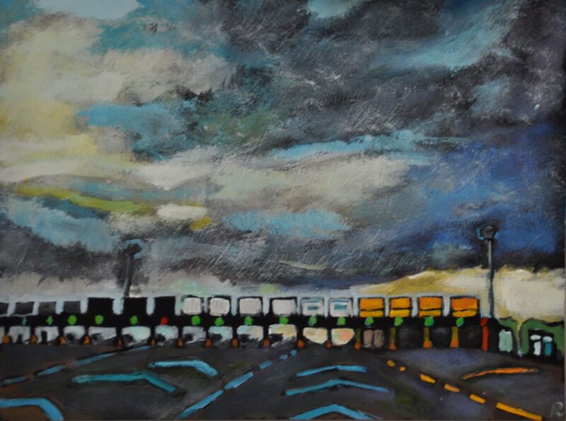 Out Of The Night. Autobahn Imperia–Mailand, 2012, Tempera auf Papier, 23 x 30,5 cm, Malerei aus der Serie «Out Of The Night. Autobahn Imperia–Mailand»