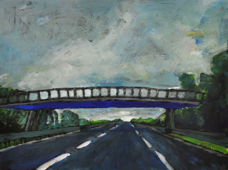 Out Of The Night. Autobahn Imperia–Mailand, 2012, Tempera auf Papier, 23 x 30,5 cm, Malerei aus der Serie «Out Of The Night. Autobahn Imperia–Mailand»