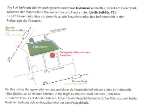 Lageplan des kuk! im Mehrgenerationenhaus Giesserei Winterthur am Eulachpark mit Anfahrtsbeschreibung per Bus