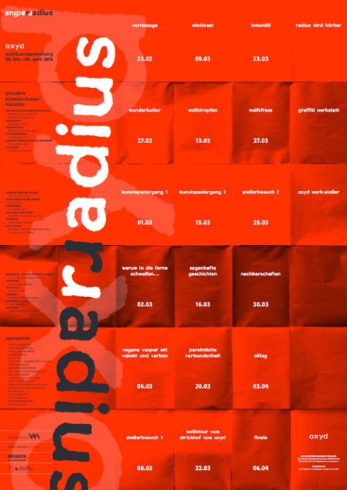 Rotes Programmplakat der oxyd Kunsträume Winterthur zur Ausstellung «radius» mit Veranstaltungsterminen im Raster