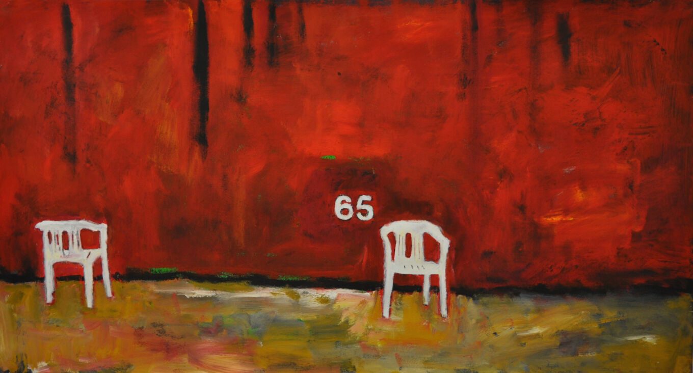 Am Spielfeldrand, 2015, Gouache auf Papier, 54 x 100 cm, Malerei aus der Serie «Frühling»