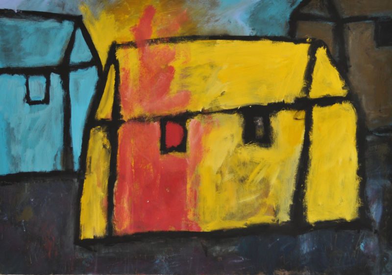 Brennendes Haus, 2007/2012, Gouache auf Papier, 70 x 100 cm, Malerei aus der Serie «Häuser»