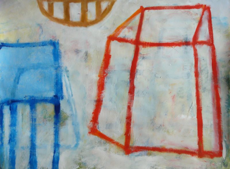 Rotes Haus, blauer Tisch, 2008, Gouache auf Papier, 55 x 75 cm, Malerei aus der Serie «Häuser»