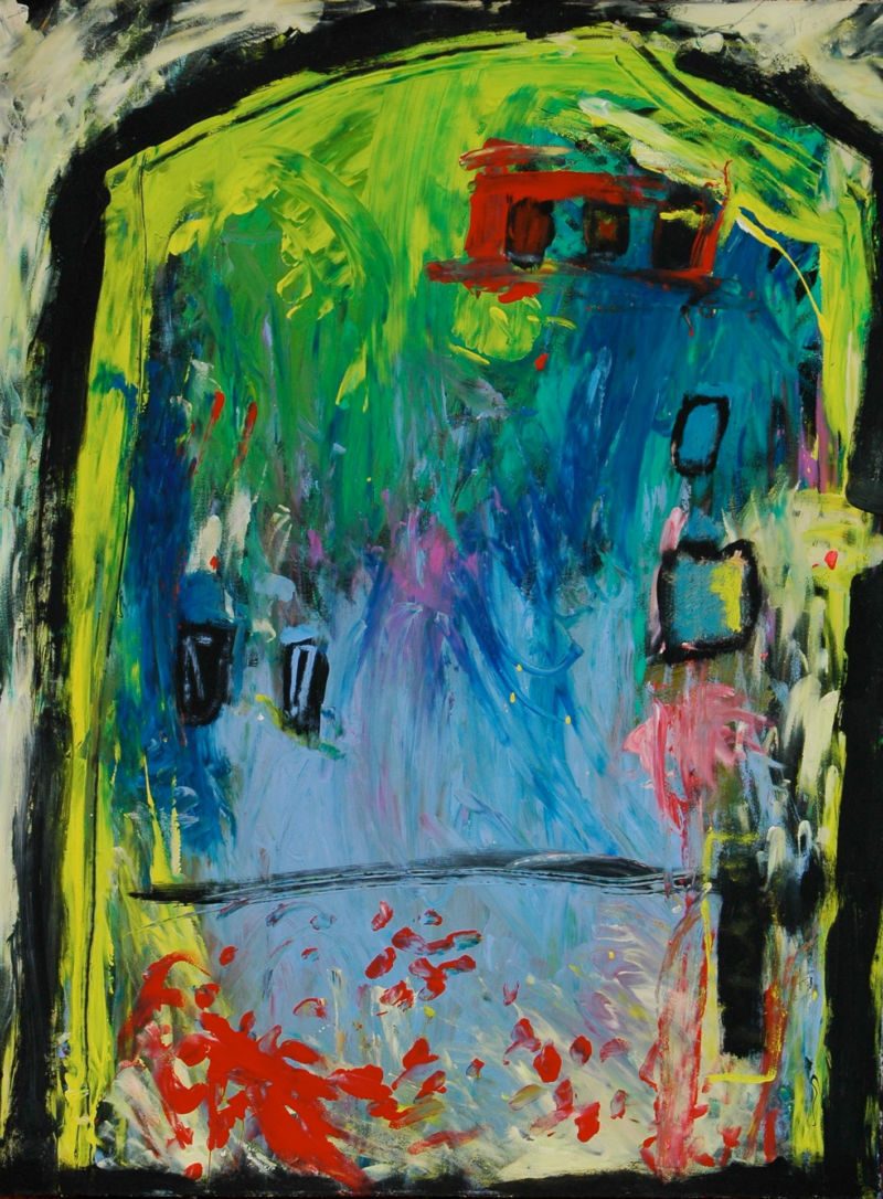 Wütendes Haus, 2006, Gouache auf Papier, 76 x 56 cm, Malerei aus der Serie «Häuser»