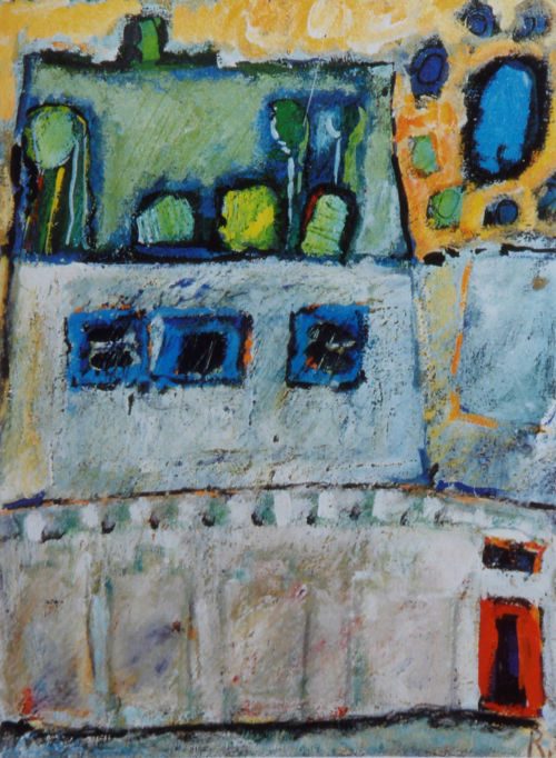 Haus mit Dachgarten, 2000, Tempera auf Papier, 30 x 22 cm, Malerei aus der Serie «Häuser»