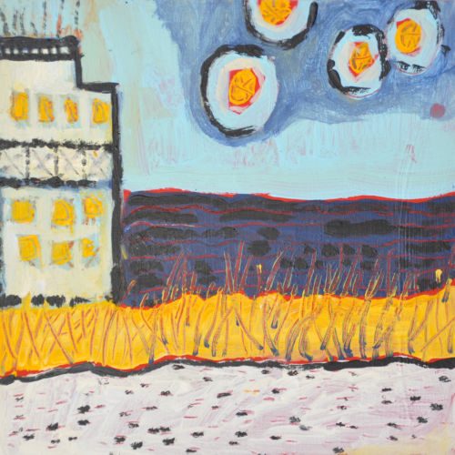 Häuser, 2011, Acryl auf MDF, 15 x 15 cm, Malerei aus der Serie «Sommerland»