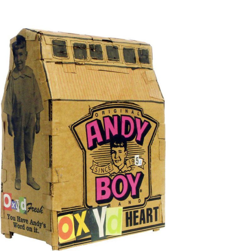 Oxyd, 2009, Kartonkiste aus Hawaii, Papier, Leim, Filzstift, 30 x 20 x 12 cm, Objekt aus der Serie «Häuser II»