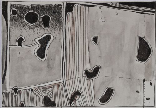 Erdzeichen, 2013, Tuschestift, Aquarellfarbstift auf Papier, 12,5 x 18 cm, Zeichnung aus der Serie «Erdzeichen»