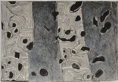 Erdzeichen, 2013, Tuschestift, Aquarellfarbstift auf Papier, 12,5 x 18 cm, Zeichnung aus der Serie «Erdzeichen»