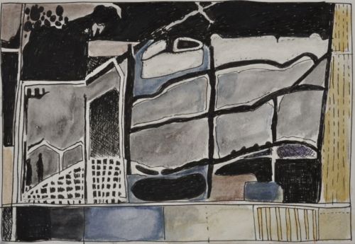Erdzeichen, 2013, Tuschestift, Aquarellfarbstift auf Papier, 12,5 x 18 cm, Zeichnung aus der Serie «Erdzeichen»