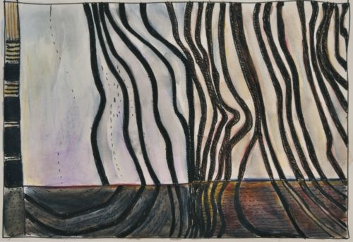 Erdzeichen, 2013, Tuschestift, Aquarellfarbstift auf Papier, 12,5 x 18 cm, Zeichnung aus der Serie «Erdzeichen»