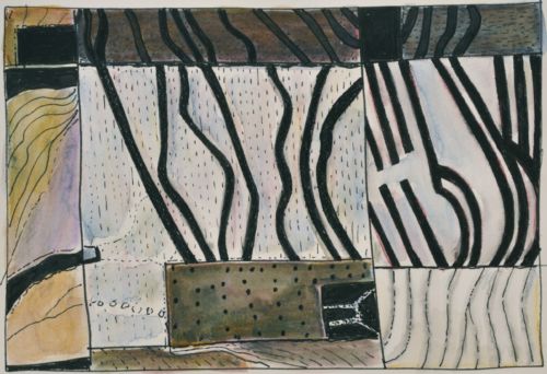 Erdzeichen, 2013, Tuschestift, Aquarellfarbstift auf Papier, 12,5 x 18 cm, Zeichnung aus der Serie «Erdzeichen»