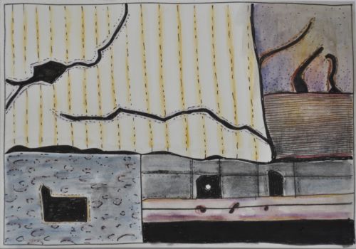 Erdzeichen, 2013, Tuschestift, Aquarellfarbstift auf Papier, 12,5 x 18 cm, Zeichnung aus der Serie «Erdzeichen»