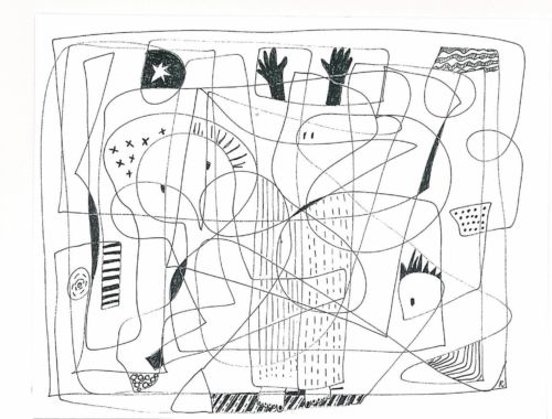 Lebensfäden, 2003, Tuschestift auf Papier, 19 x 24 cm, Zeichnung aus der Serie «Lebensfäden»