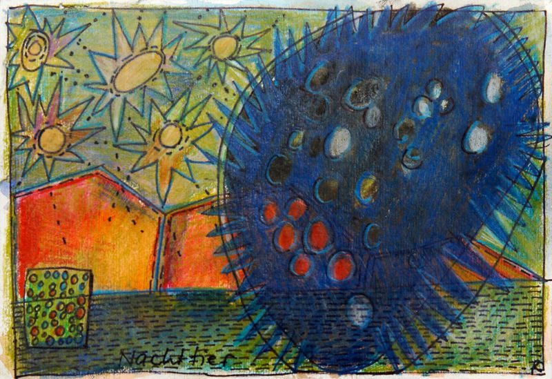 Moi tout seul – mutterseelenallein, 2006, Tuschestift, Aquarellfarbstift, 12,5 x 18 cm, Zeichnung aus der Serie «Moi tout seul»