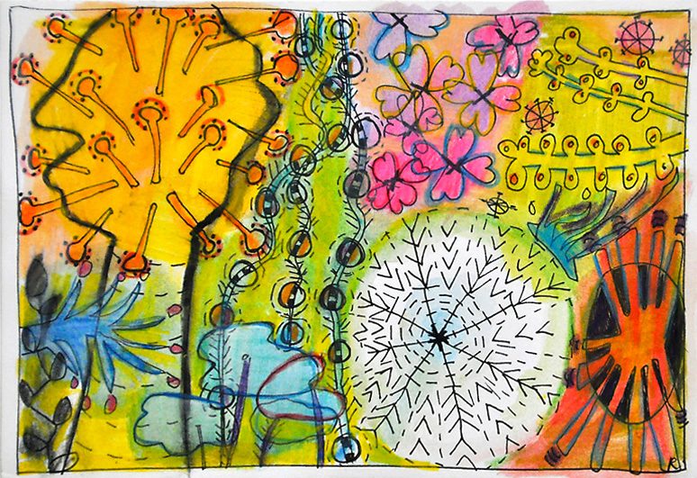 Sommerblumen (aus 12er-Serie), 2006, Tuschestift, Aquarellfarbstift, 12,5 x 18 cm, Zeichnung aus der Serie «Sommerblumen»