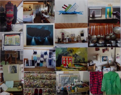 Collage aus Fotos des Ateliers von Katharina Rapp mit Bildern, Objekten, Pfannen, Farbtuben und Kleidungsstücken
