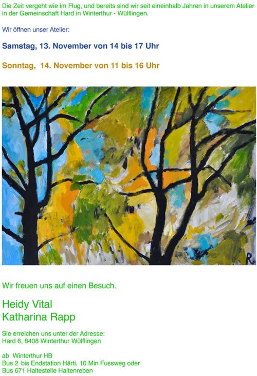 Einladung zum offenen Atelier von Heidy Vital und Katharina Rapp in Winterthur-Wülflingen, 13. und 14. November, mit gemalten Bäumen