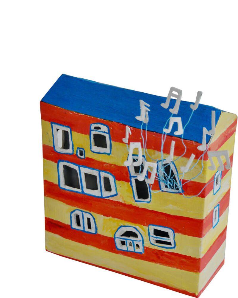 Musikhaus, 2021, Karton, Acryl, Leim, Draht, ca. 25 x 19 x 8 cm, Objekt aus der Serie «Häuser IV»
