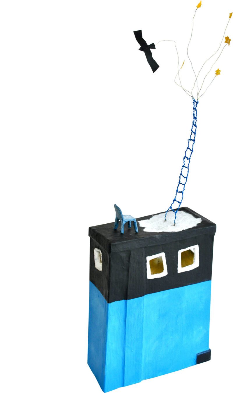 Himmelsleiter, 2021, Karton, Papier, Draht, Acrylfarbe, Leim, 75 x 24 x 11 x cm, Objekt aus der Serie «Häuser IV»