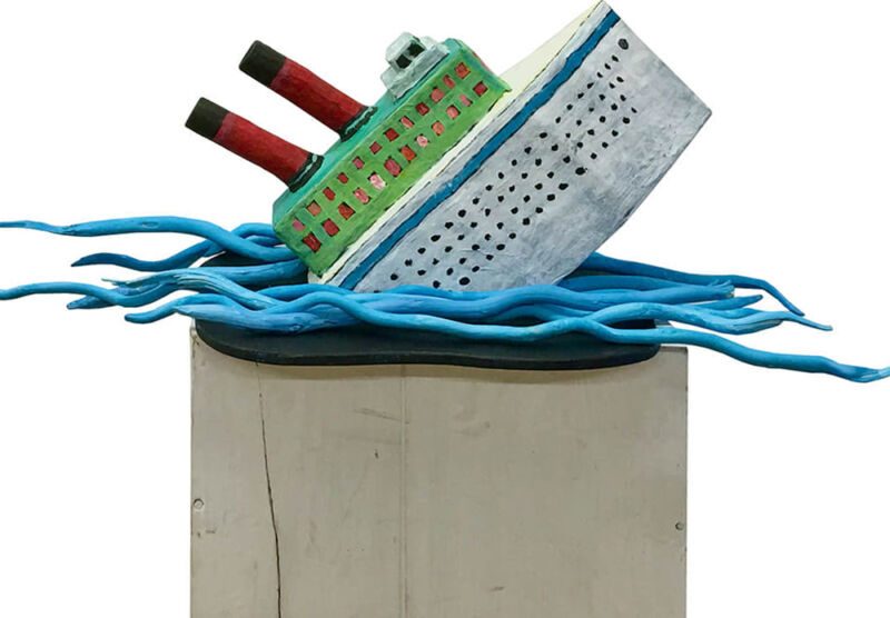 Sinkendes Schiff, 2019, Karton, Papier, Farbe, Wurzeln, ca. 18 x 50 x 12 cm, Objekt aus der Serie «Häuser IV»