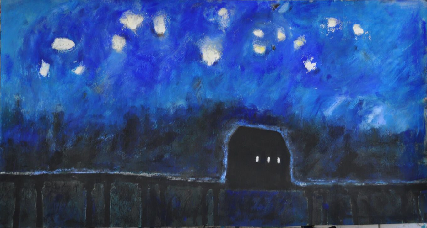 Stille Nacht, 2020, Gouache auf Papier, 54 x 100 cm, Malerei aus der Serie «Häuser»