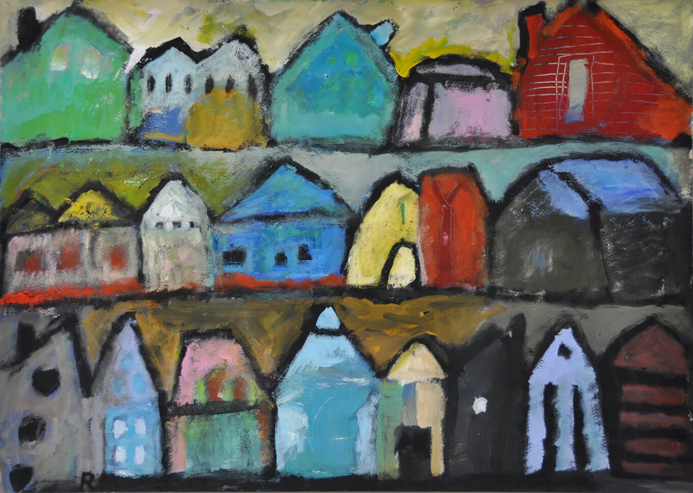 Morgendämmerung, 2020, Gouache auf Papier, 50 x 70 cm, Malerei aus der Serie «Häuser»