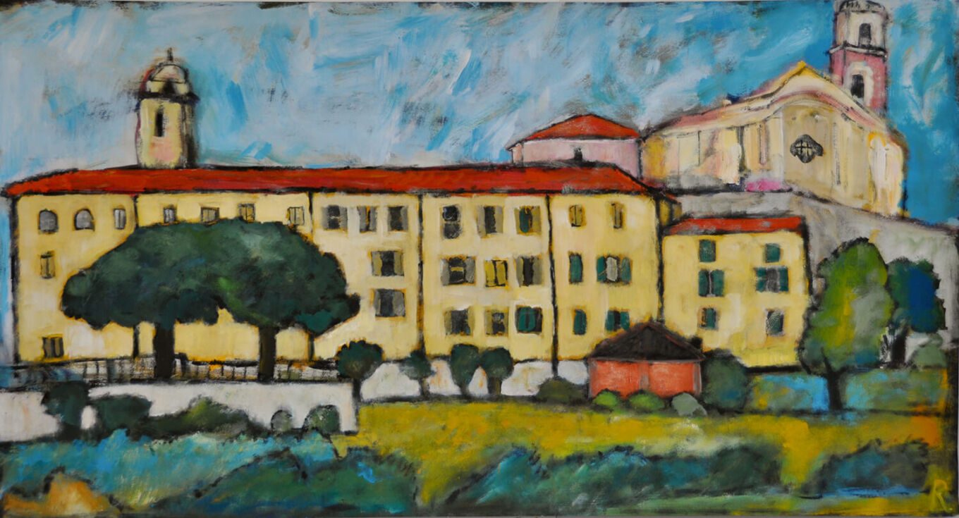 Kloster, 2018, Gouache auf Papier, 54 x 100 cm, Malerei aus der Serie «Italien»