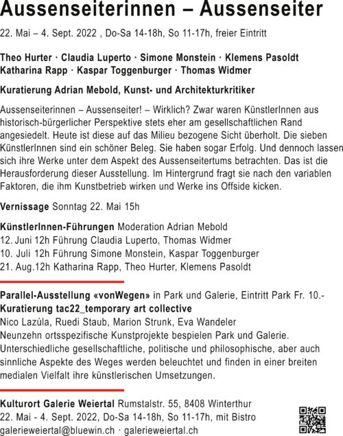 Karte zur Ausstellung «Aussenseiterinnen – Aussenseiter» mit Katharina Rapp, Kulturort Galerie Weiertal Winterthur, 22. Mai – 4. September 2022